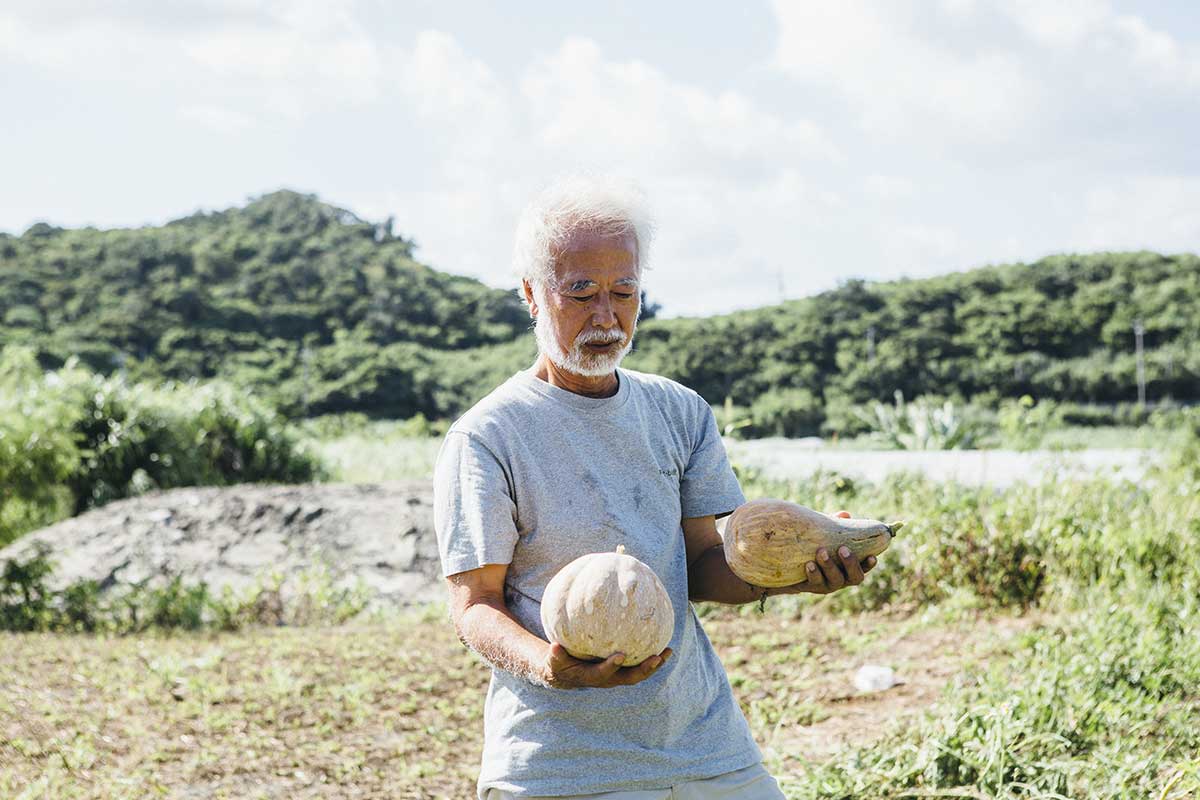 畑仕事で島かぼちゃを手に持つSeikiさん
