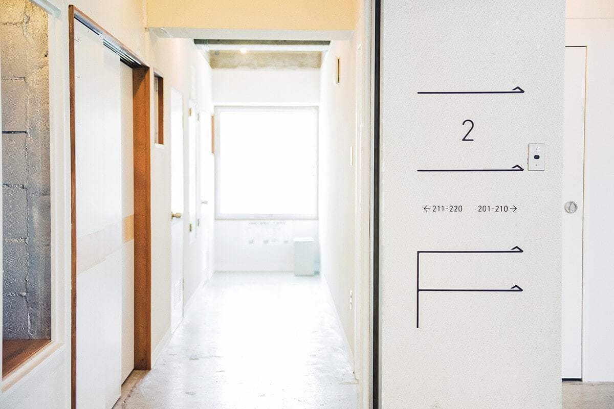 踊り場の壁に描かれた可愛らしいデザインのサイン