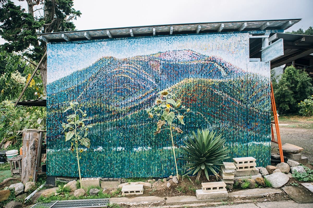以前、滞在していた海外のアーティストに描いてもらったという小屋の壁画。「何気ないところにアートを点在させ、小諸を少しずつ華やかにしていきたい」とは稔さんの談。