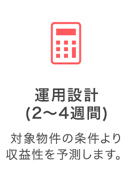 運用設計（2～4週間）：対象物件の条件より収益性を予測します。