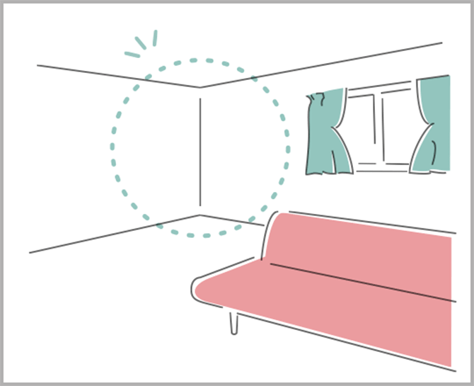 角を狙って:部屋の「角を狙う」ように撮るのが広く見せるポイント 奥行きを与えるテクニックを使う・壁に向かって撮ると部屋は狭く見えてしまいます